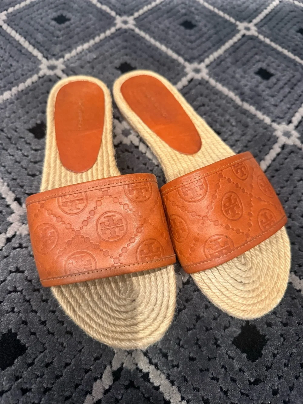 Tory Burch Tan Embossed Leather Slide Sandals with Rope Footbed